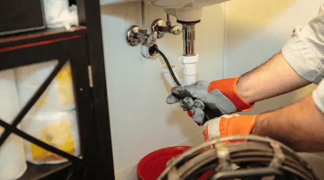 Drain cleaning technician using a motorized plumbing snake to clear a clogged sink pipe in Albany, NY